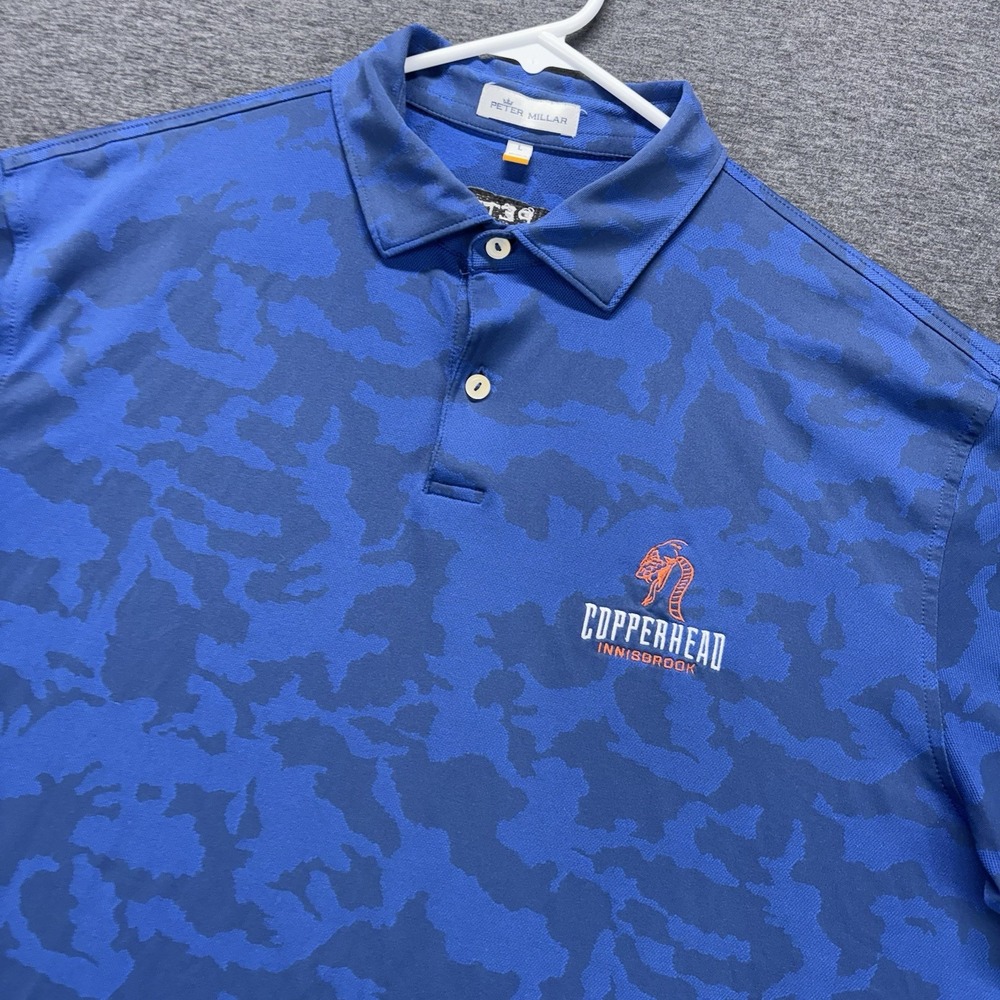 Peter Millar Performance Golf Polo Shirt Mens L Blue Camo Copperhead Stretch